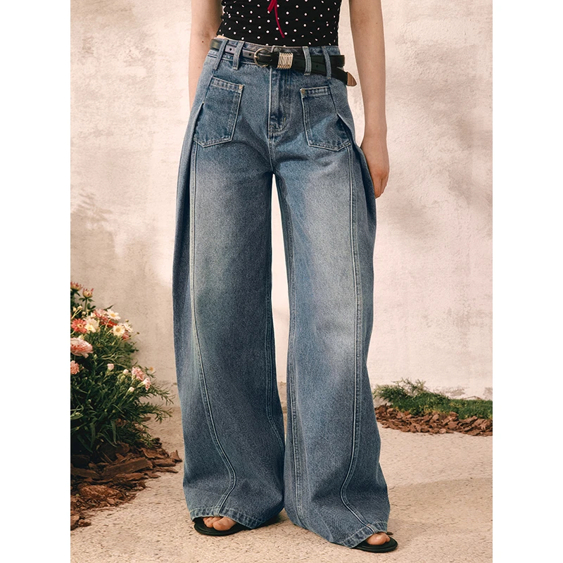 wooha 吾哈2025夏季新款宽松直筒侧褶结构牛仔裤女