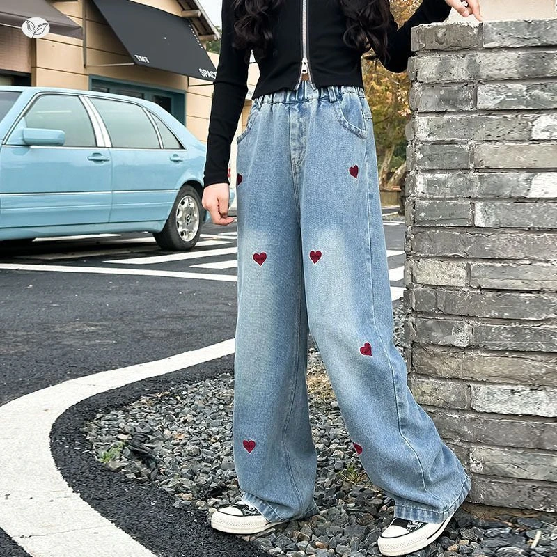 女童牛仔裤2025秋季新款百搭刺绣阔腿裤中大童洋气直筒裤拖地裤