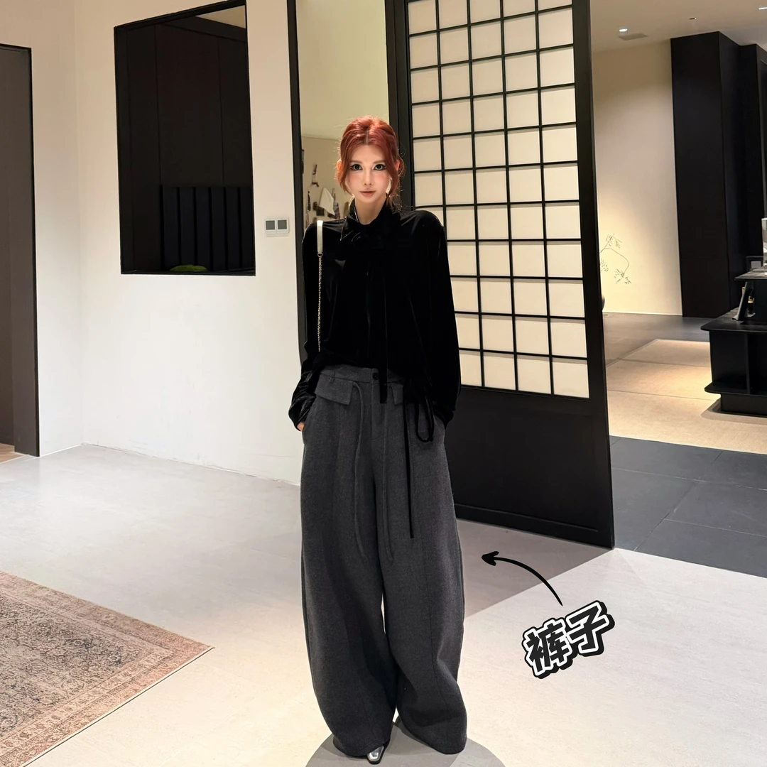 婉君Y【羊毛弯刀裤】”羊毛“165g牛奶丝”韩系宽松休闲裤LWJ25D4K3931