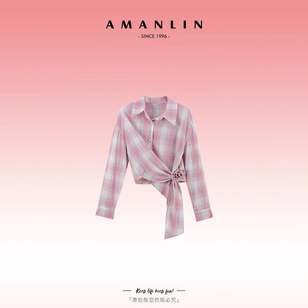 AMANLIN/阿谩琳春季穿搭设计粉色宽松百搭欧若风格纹上衣F595909