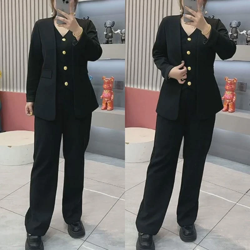 大码时尚显瘦套装女2024秋季新款设计感假两件长袖上衣长裤两件套