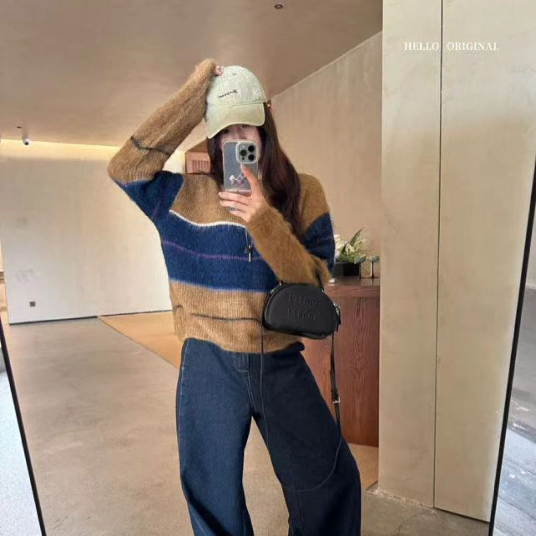 hello@25011 韩系简约圆领拼色百搭宽松毛衣 10-14