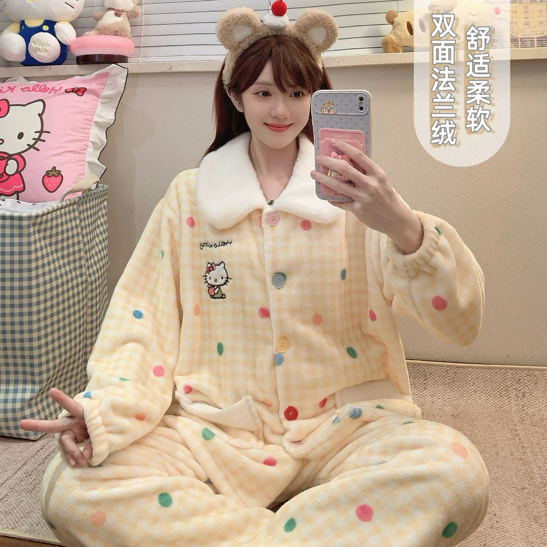 芯语婷秋冬季新款娃娃领法兰绒女士加厚保暖甜美卡通家居服两件套