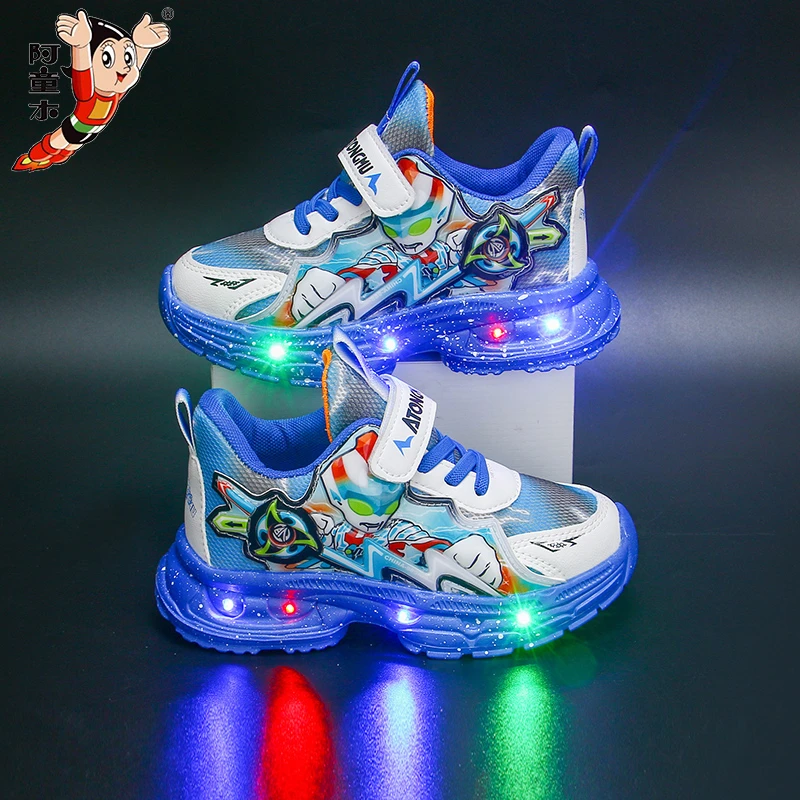 带灯儿童运动鞋皮面防滑夏季新款男童学生鞋网面透气软底跑步鞋