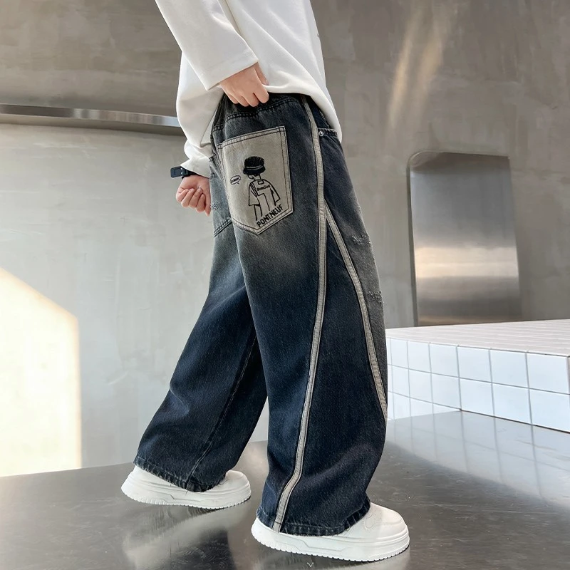 男孩牛仔裤秋冬休闲潮流款中大童新款软牛仔宽松痞长裤百搭帅款