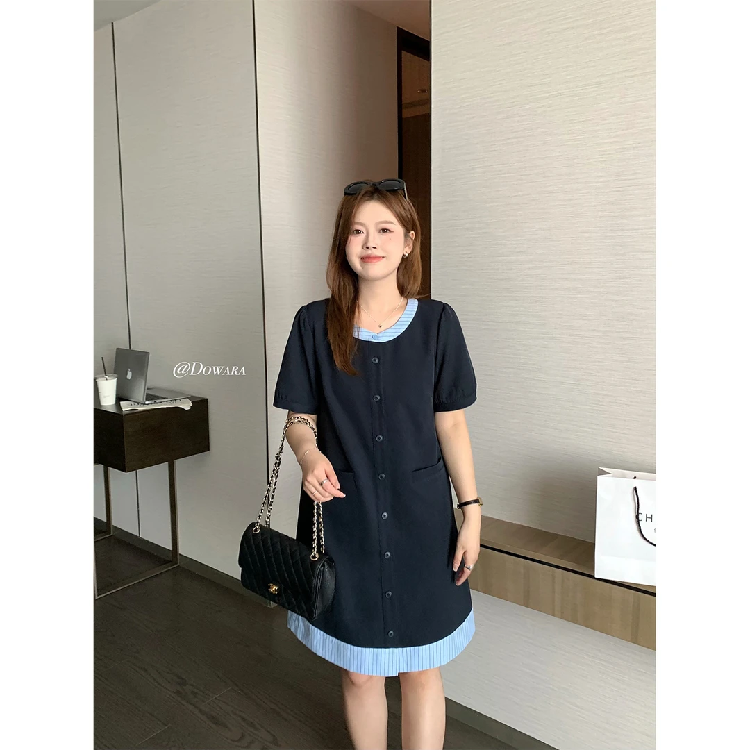 现货大婉酱微胖定制韩版条纹拼接连衣裙假两件夏季显瘦裙子 6994D