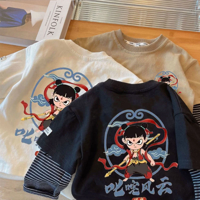 儿童卡通动漫哪吒魔童印花T恤男女童假两件春秋长袖上衣休闲打底