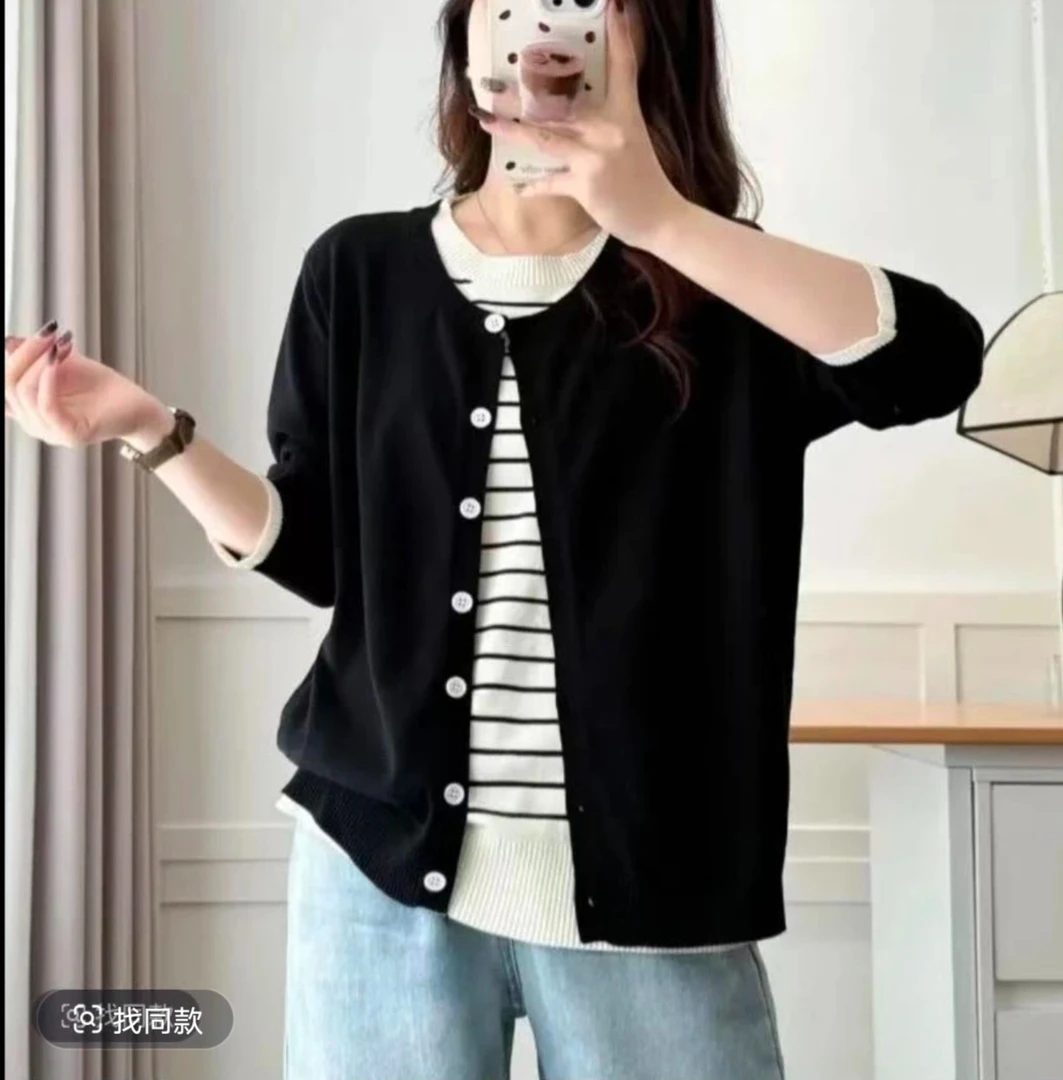 春季百搭条纹长袖假两件气质显瘦休闲时尚圆领毛衣针织开衫女903