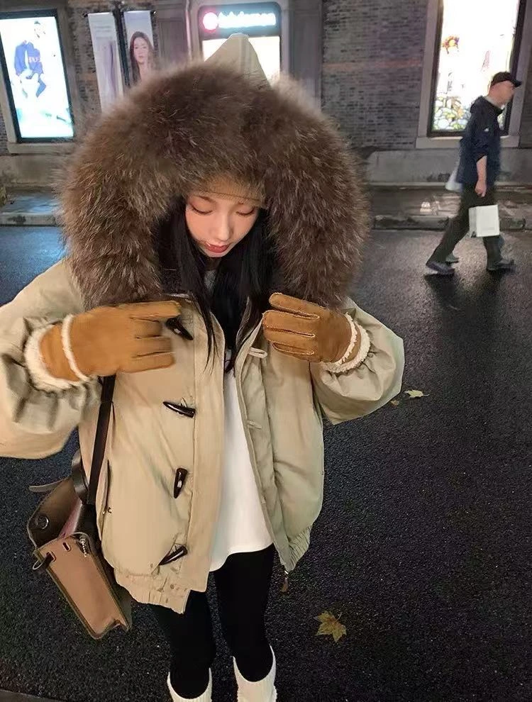 韩系复古连帽大毛领棉服女冬季2025加厚保暖牛角扣派克服棉衣外套