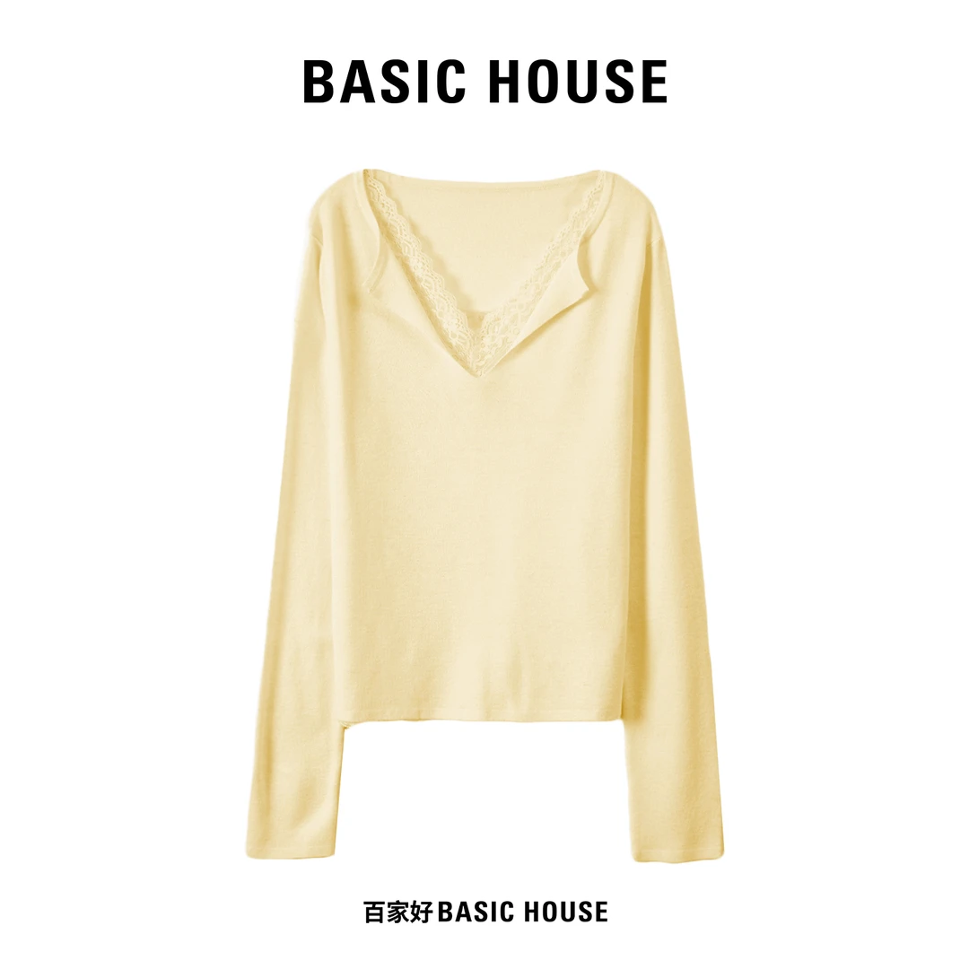 Basic House/百家好2025秋季修身气质拼接蕾丝百搭针织衫L962 XX
