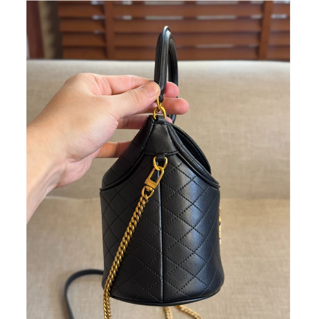 手提包女士黑色抽绳单肩流浪包圆形盒子包大号圆筒包