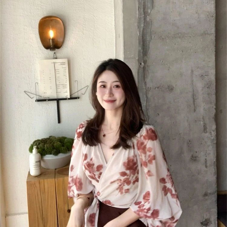 设计感小众晕染绑带长袖雪纺上衣独特别致优雅气质
