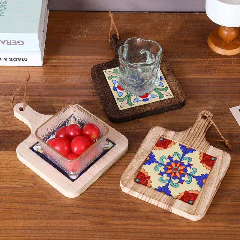 隔热垫复古实木花砖把手锅垫木质防烫盘杯垫家用砂锅汤锅隔热木垫