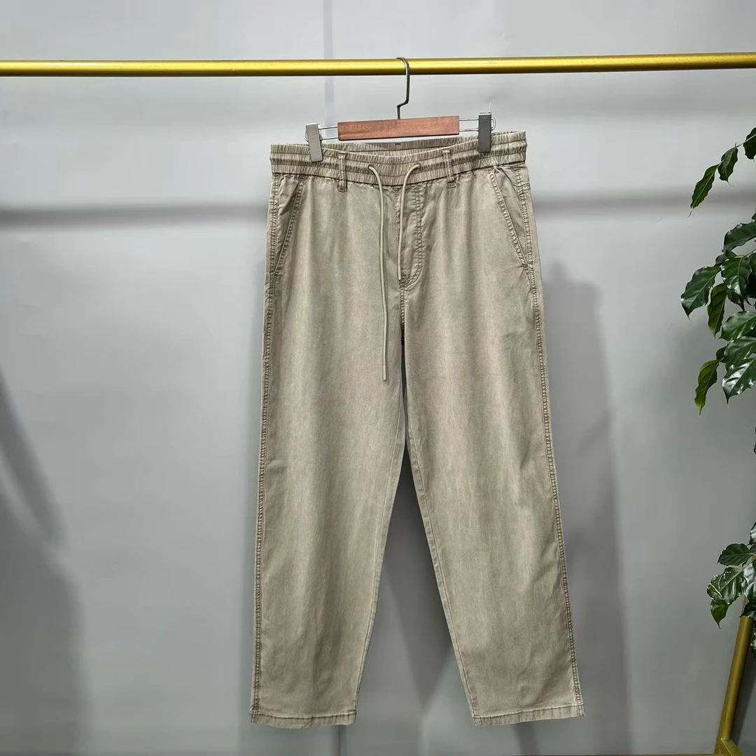 H-17 春秋季男士工装风浅卡其色松紧腰抽绳直筒休闲长裤 K0023