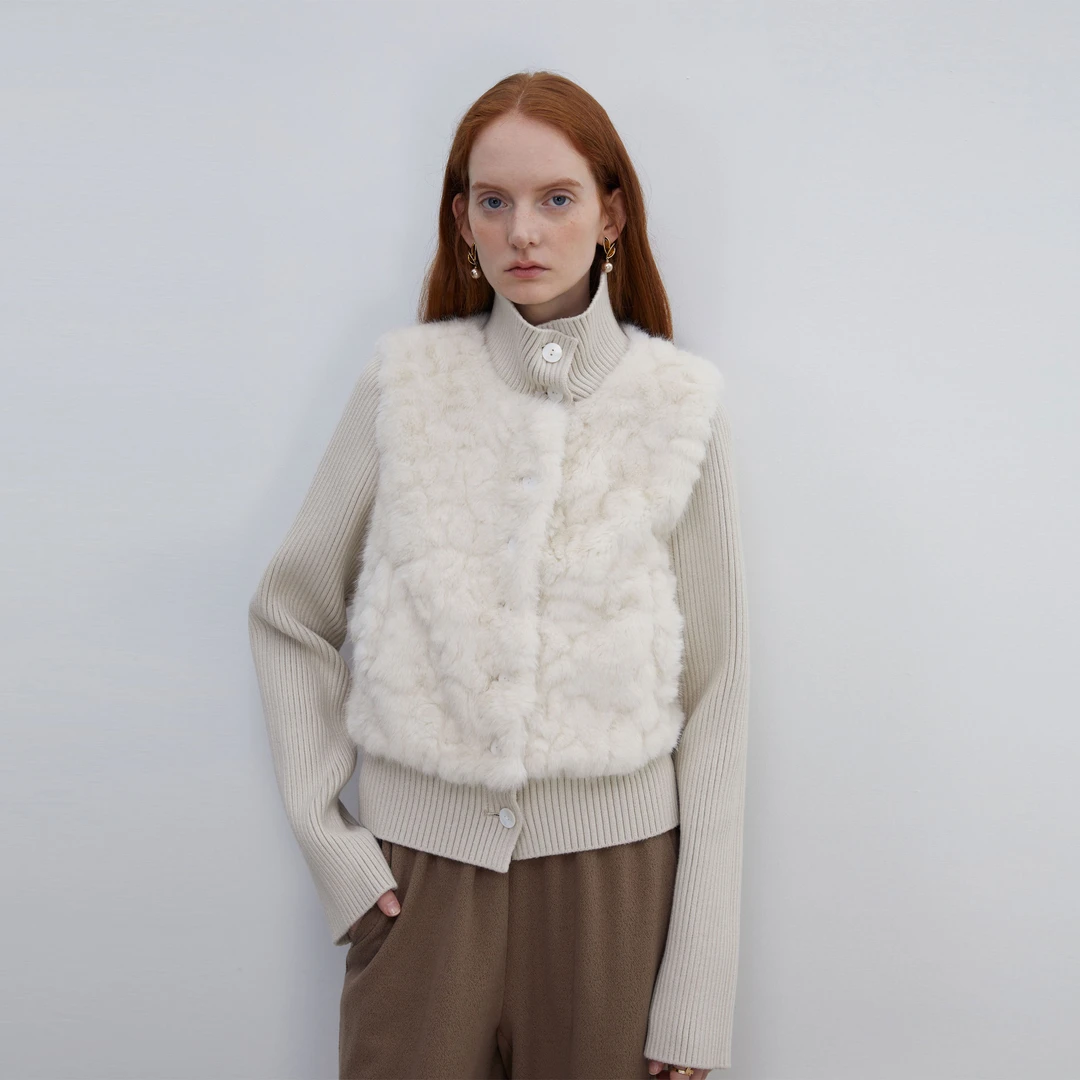 人造皮草 2025新款冬季短款针织拼毛气质慵懒门襟贝壳扣皮草外套