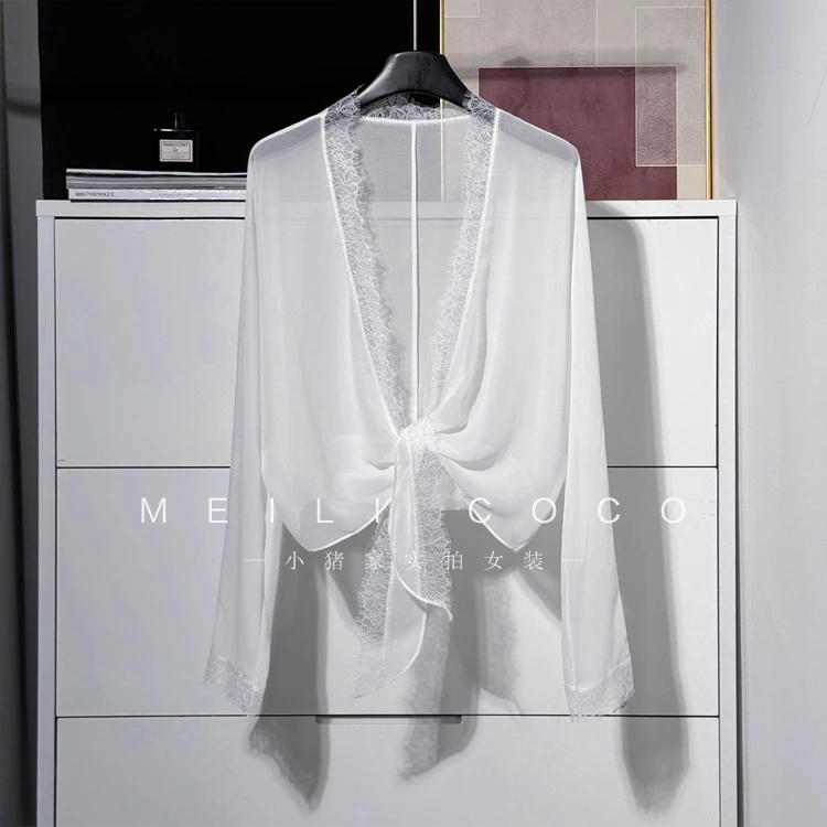 深圳南油夏季新款百搭纯色乔其纱长袖开衫外套蕾丝边系结防晒衫