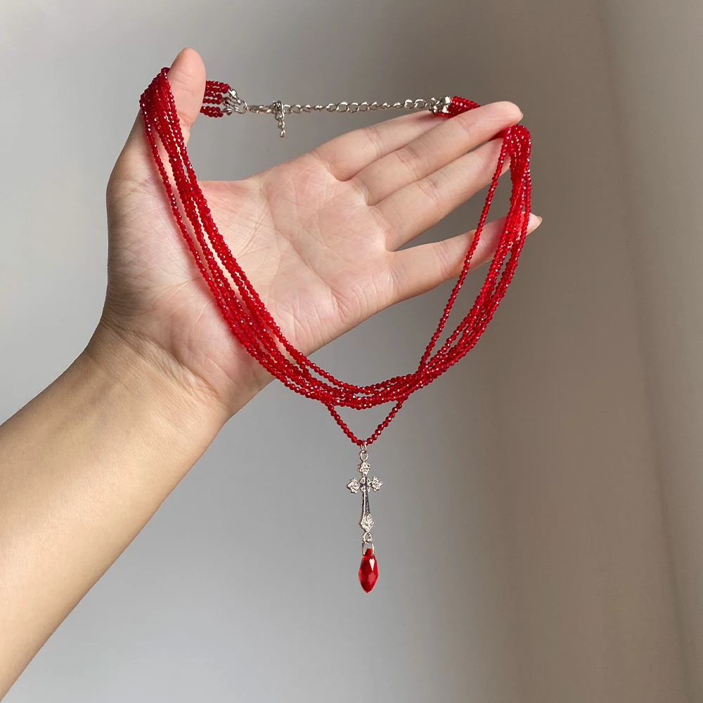 铜合金亚克力项链 甜酷辣妹多层串珠十字架项链高级感百搭锁骨链