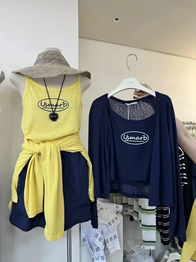 夏季设计款休闲显瘦防晒字母吊带韩版长袖两件套套装气质上衣背心