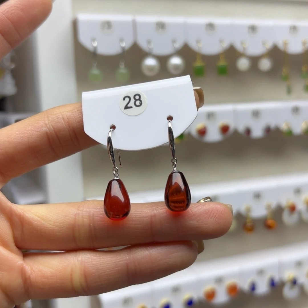血珀银S925镶嵌耳饰