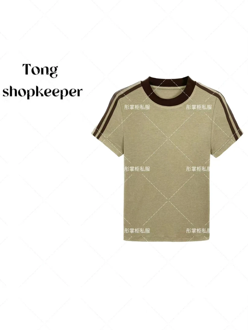 QJ/彤掌柜1681416 夏季2025简约T恤条纹莱赛尔天丝羊毛休闲风上衣