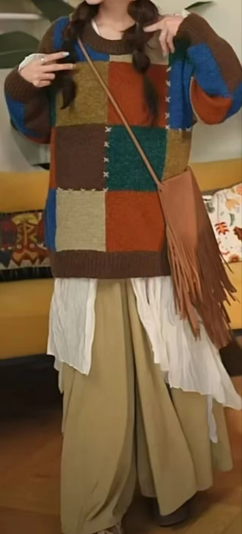 大码复古宽松不规则毛衣叠穿褶皱衬衫阔腿裤时尚潮流-