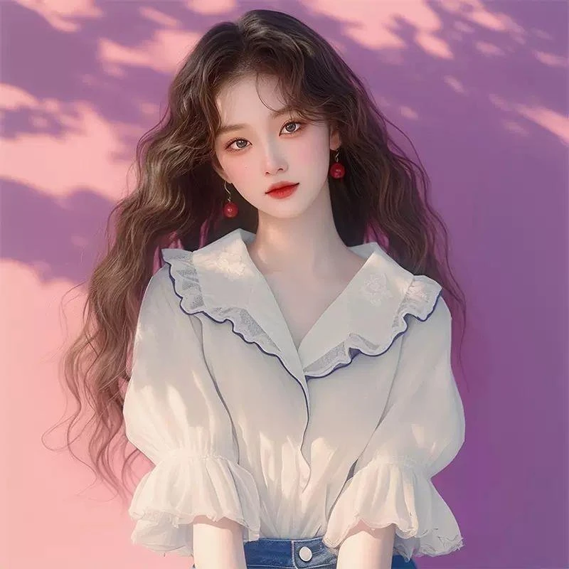 白色娃娃领雪纺漂亮衬衫2025新款夏季小众独别致泡泡上衣