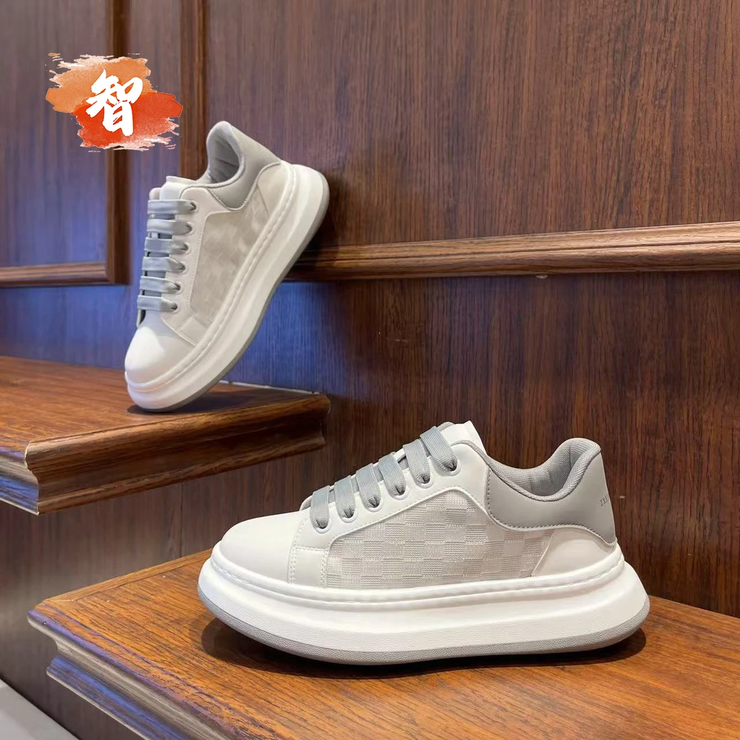 智冶男鞋2025新款网面透气板鞋潮流软底增高轻奢棋盘格休闲小白鞋