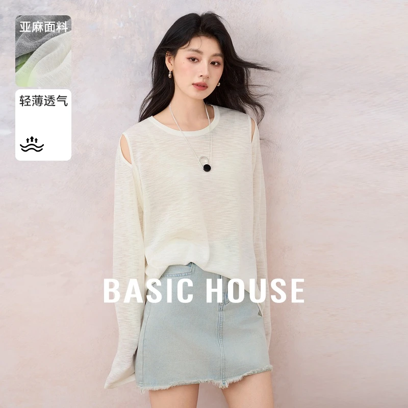 Basic House/百家好新款气质长袖圆领纯色针织衫上衣-B0624A5L312