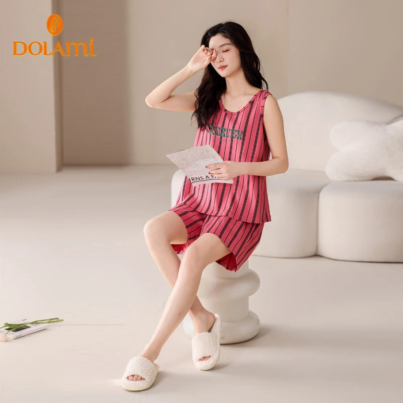HY522002多拉美睡衣女夏纯棉背心无袖大码条纹短裤女士家居服套装
