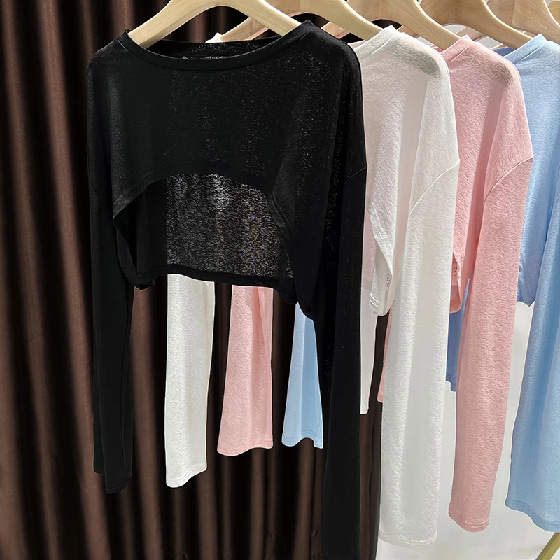 纯欲黑色轻薄冰丝小上衣女短款防晒衣配裙子叠穿针织长袖t恤罩衫