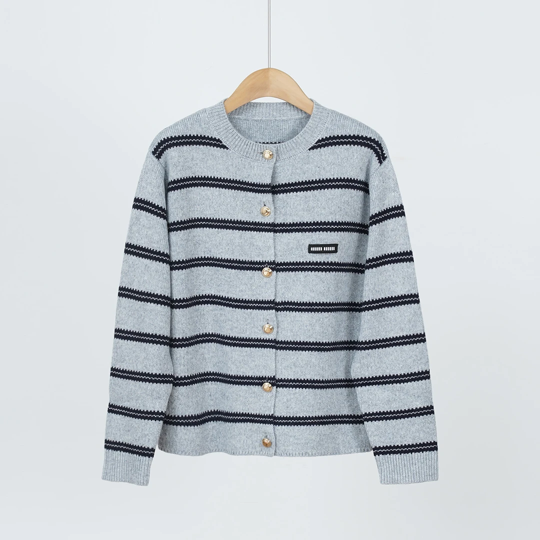 外贸品牌早秋羊毛混纺条纹长袖针织衫女士上衣（251807）20798