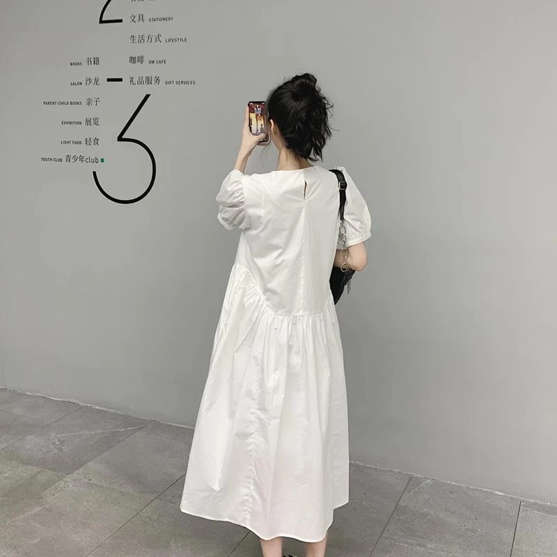轻奢白色泡泡袖连衣裙女2025新款夏季大码胖MM法式宽松遮肚子显瘦