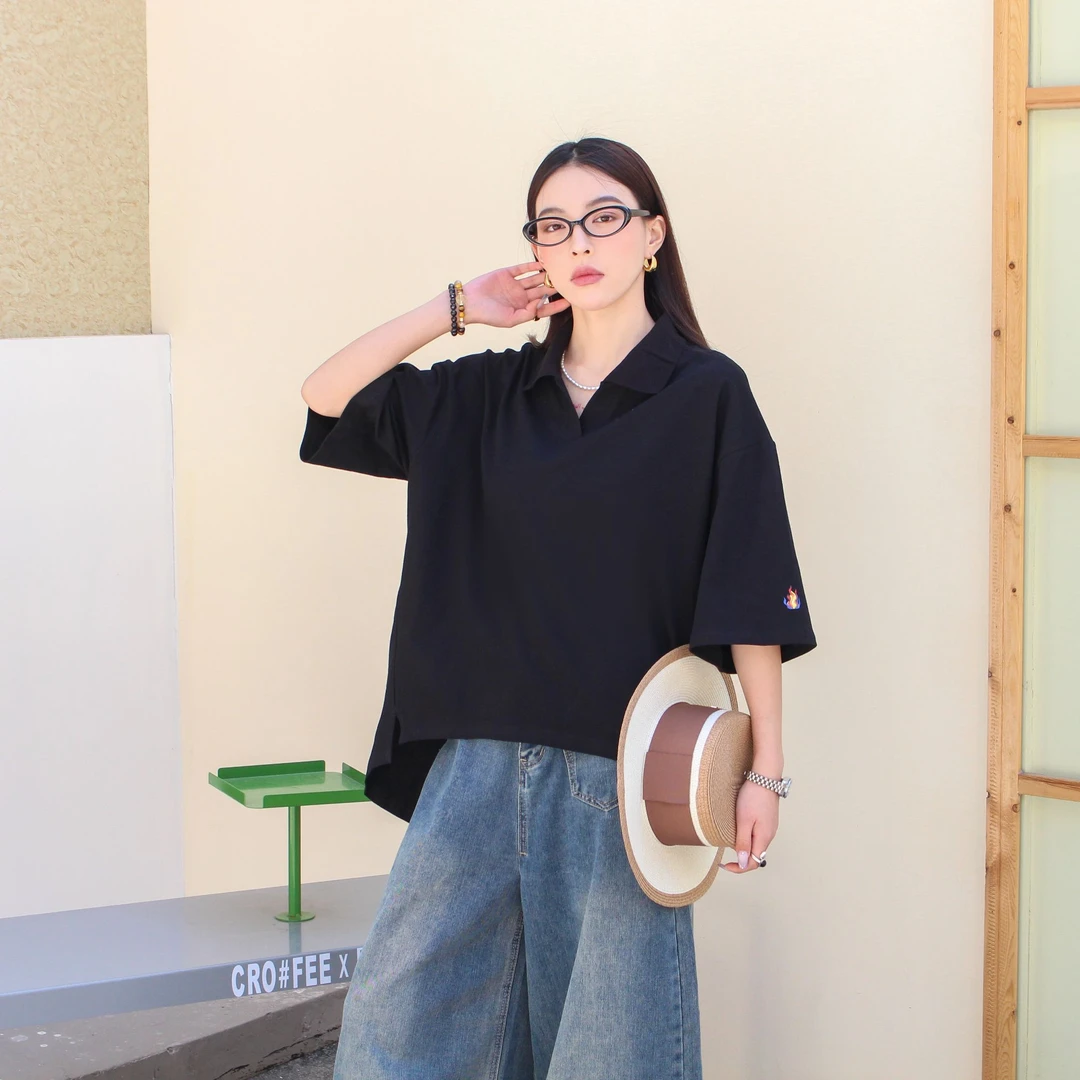 2025年夏季短袖Polo衫女士宽松翻领短袖T恤时尚休闲小众百搭女装