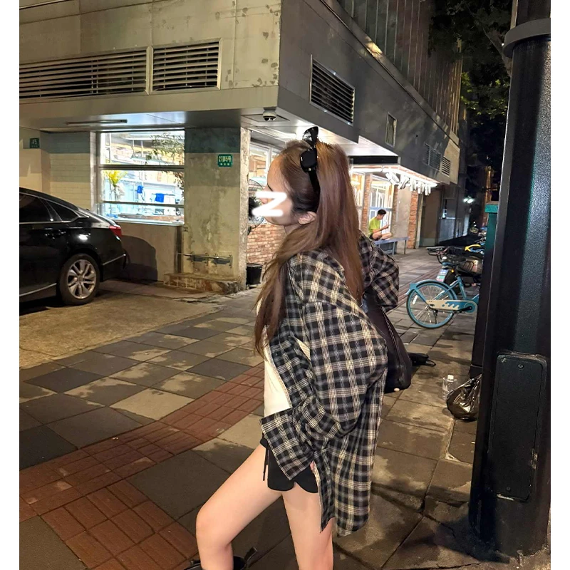 慵懒松弛感条纹衬衫外套女秋夏中长款廓形宽松长袖衬衣9085