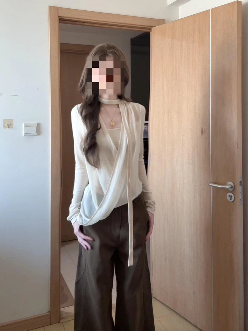 2025秋季新款韩系废土小众辣妹风一整套长袖薄款开衫咖色阔腿裤女