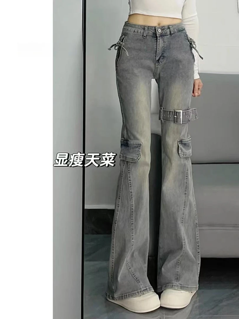 美式复古重工拼接设计微喇牛仔裤女2025夏季新款高腰修身显瘦马蹄