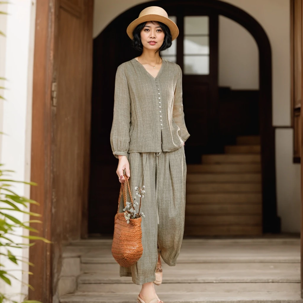 轻奢棉麻套装2025春夏新款百搭宽松v领长袖上衣+直筒休闲裤子