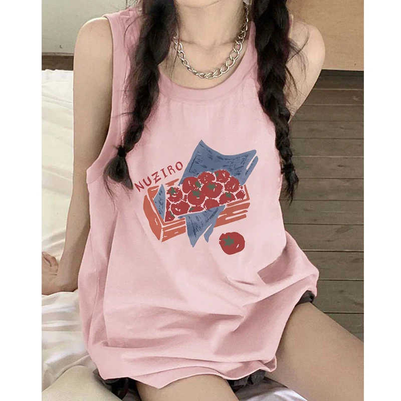 美式运动风创意印花粉色纯棉吊带背心女夏季宽松百搭无袖t恤上衣