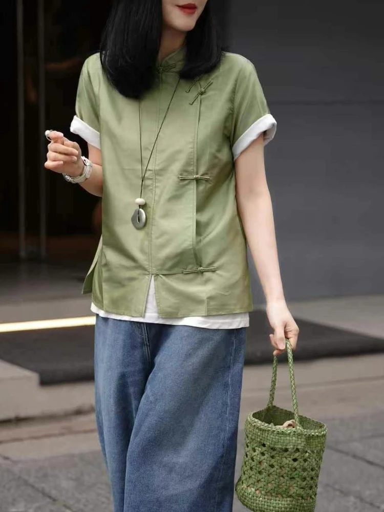 新中式豆绿色盘扣立领短袖衬衫2025新款高级感简约国风茶服上衣夏
