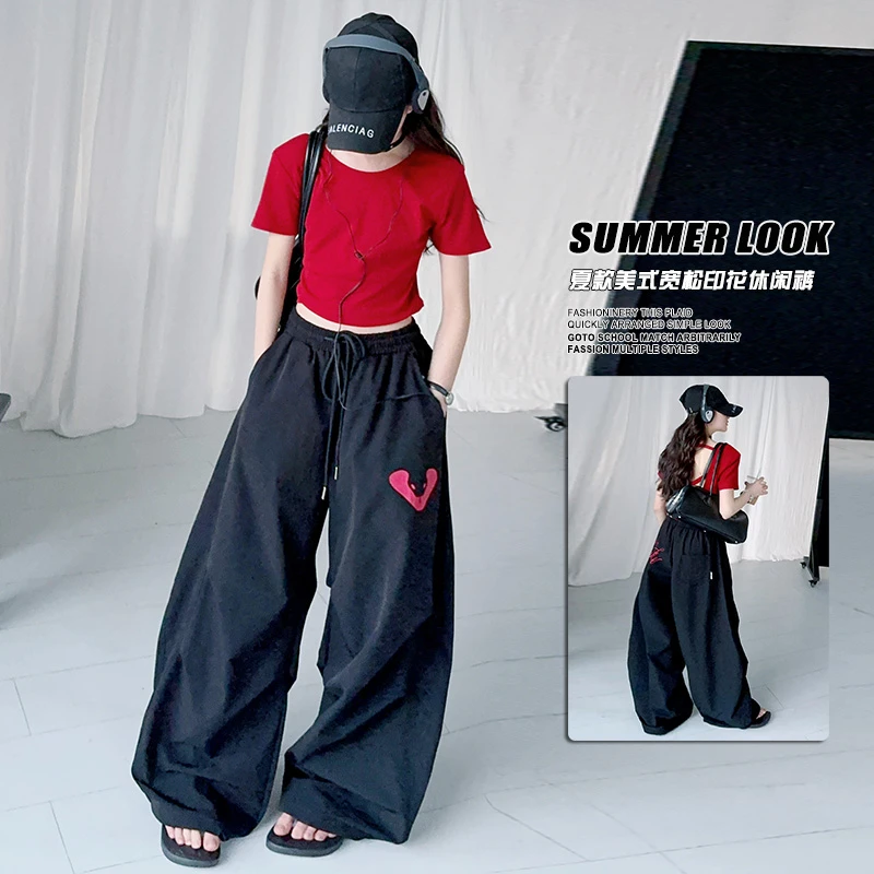 2025夏季新款女童中大童休闲爱心撞色印花弯刀裤洋气长裤宽松