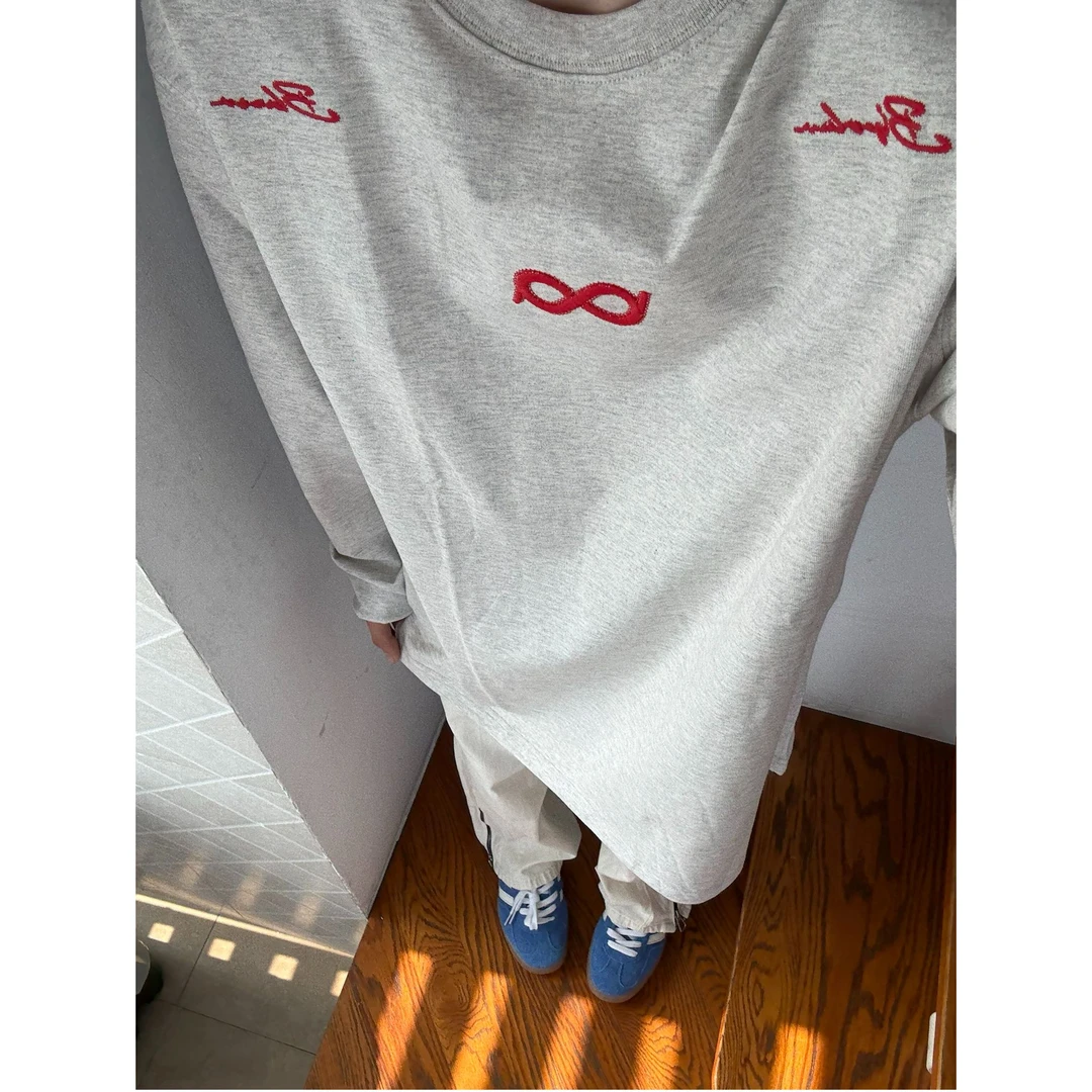 断开字母绣花长袖T恤男秋季美式休闲潮牌简约基础秋冬打底衫上衣