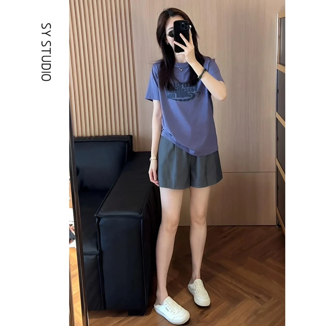 2025超火一套夏装字母印花宽松百搭短袖T恤高腰显瘦休闲短裤套装