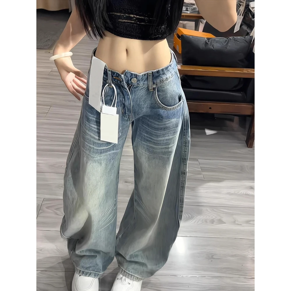 微胖mm美式高街浅蓝色复古水洗牛仔裤女设计感小众宽松慵懒阔腿裤