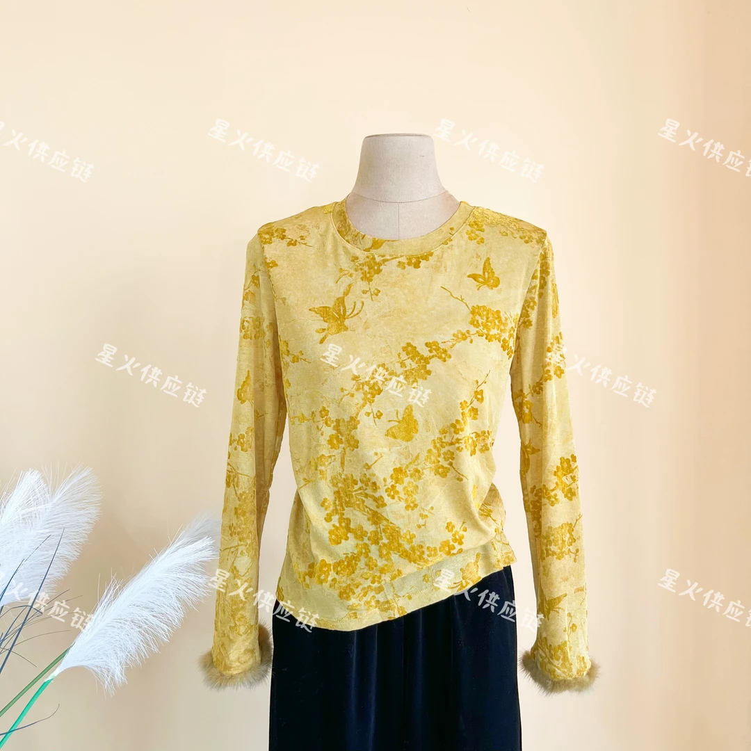2025秋冬爆款时尚新中式复古提花修身显瘦长袖上衣打底小衫上衣女