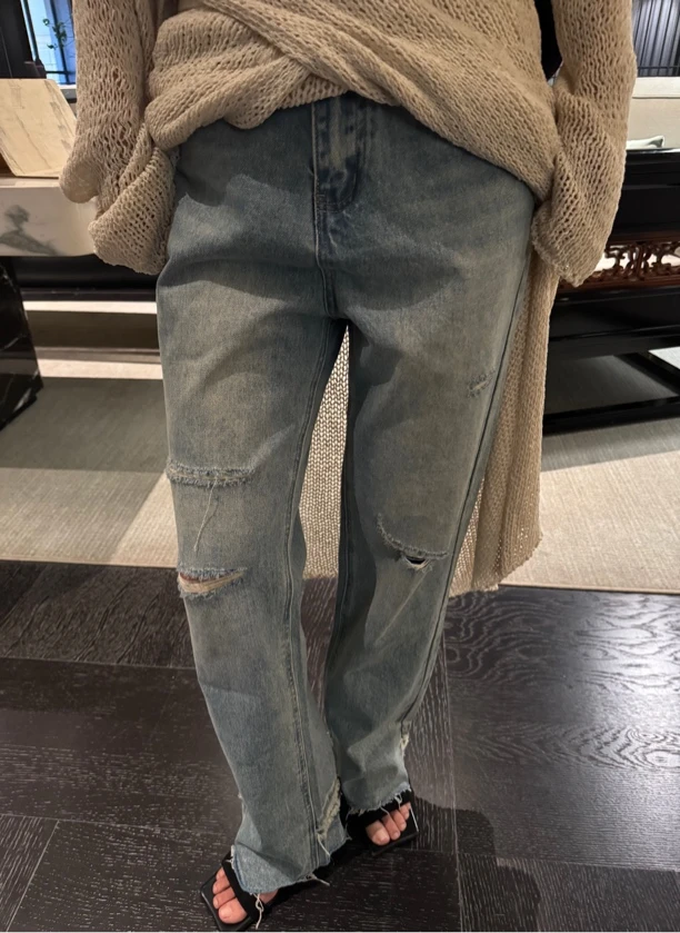 LILULU 满满设计感 磨毛牛仔裤高腰宽松显瘦休闲复古重工