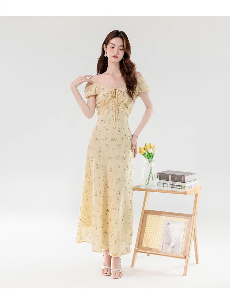 甜美风茶歇桔梗连衣裙女夏季新款超好看独特漂亮裙子收腰a字长裙