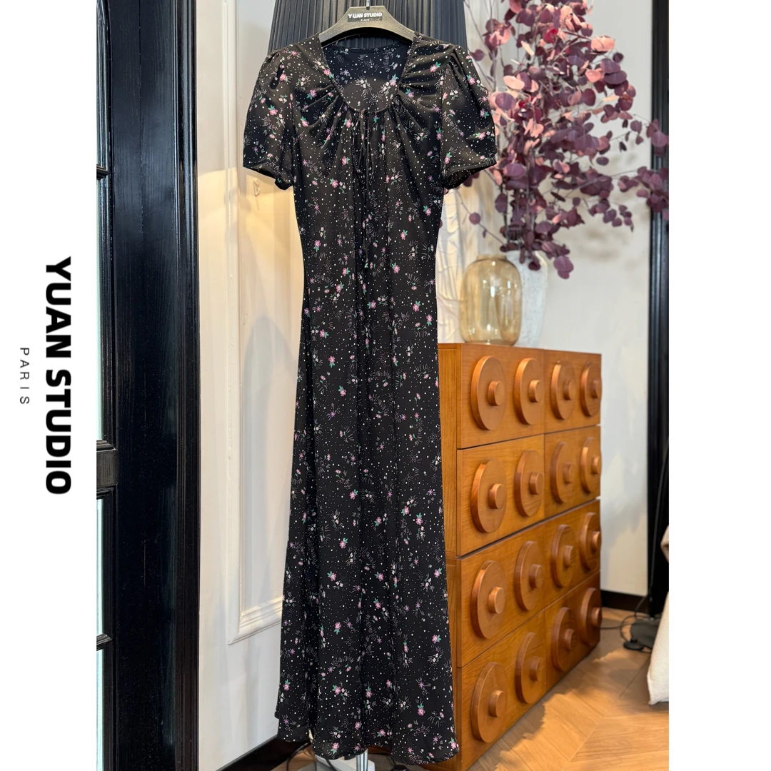 YUAN 【暮色花园】夏季法式复古斜裁显瘦遮肉防晒短袖优雅连衣裙