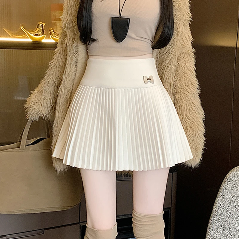 韩版毛呢百褶短裙女秋冬季2025新款甜辣风百搭修身高腰白色半身裙