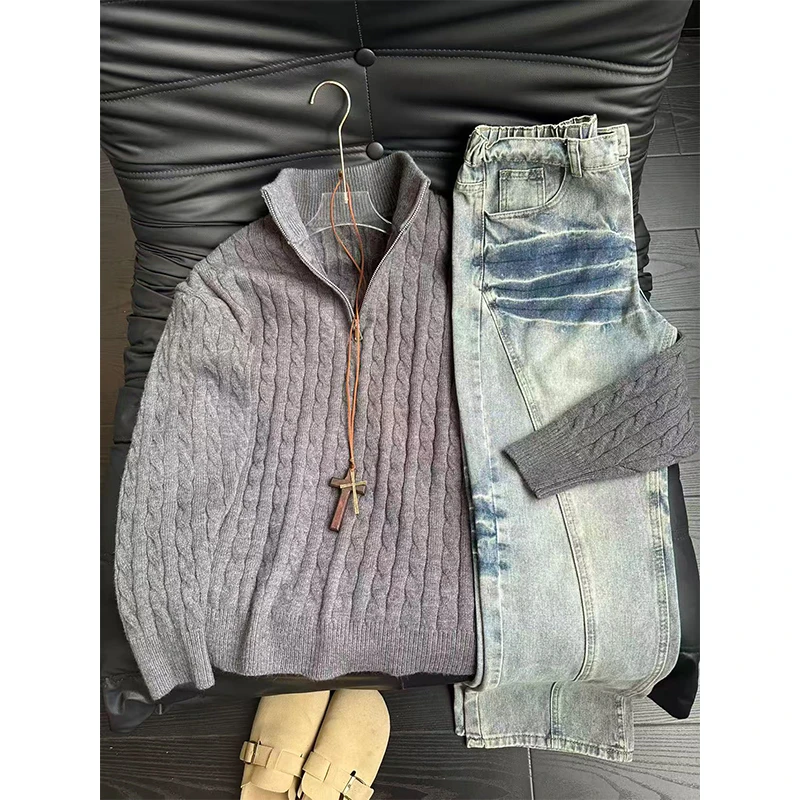 复古麻花纹半高领拉链毛衣男秋冬季美式老钱风卫衣套头针织衫上衣