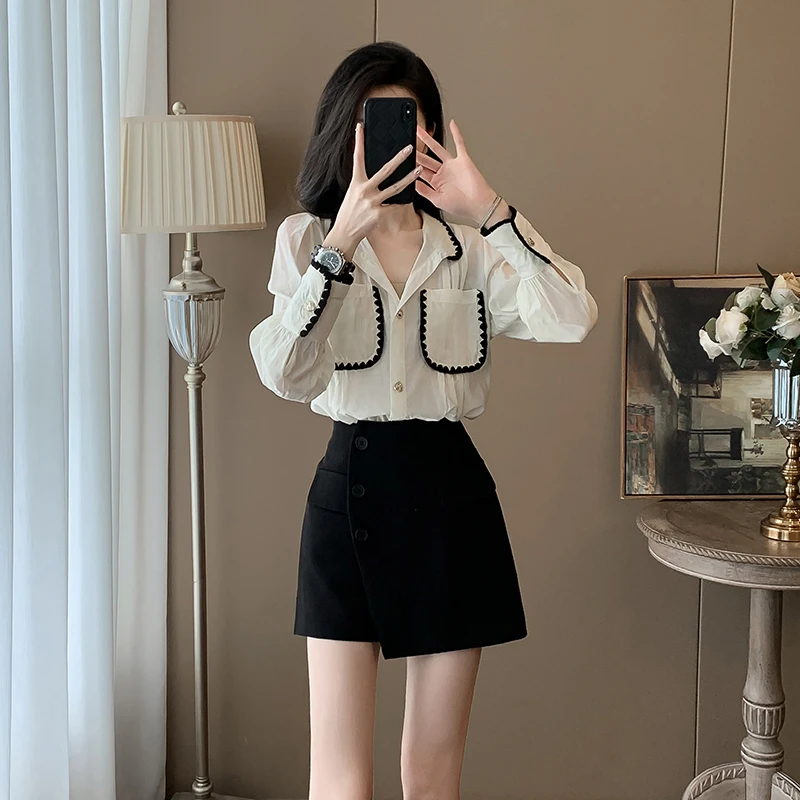 气质小香风减龄长袖小众女装高腰短裤复古法式轻熟时尚套装